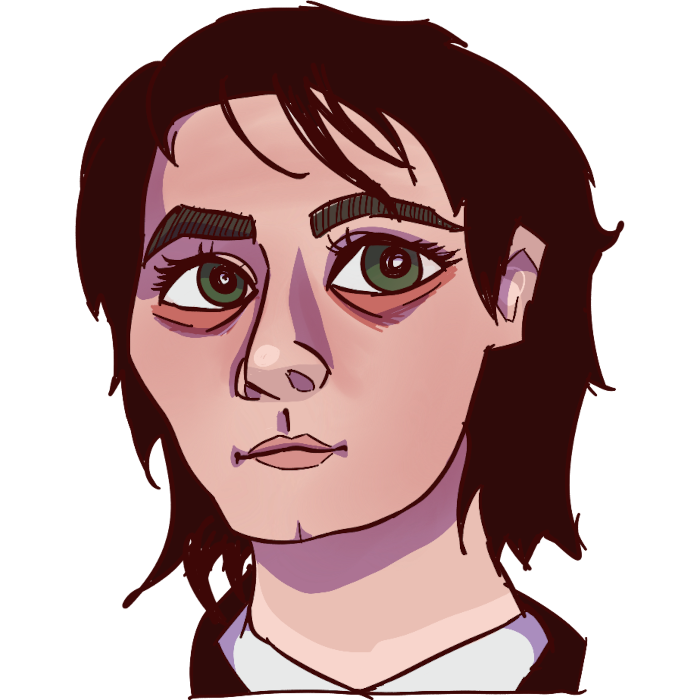 image of three cheers era gerard way, he has dark straight hair , light skin and red under eye shadow.